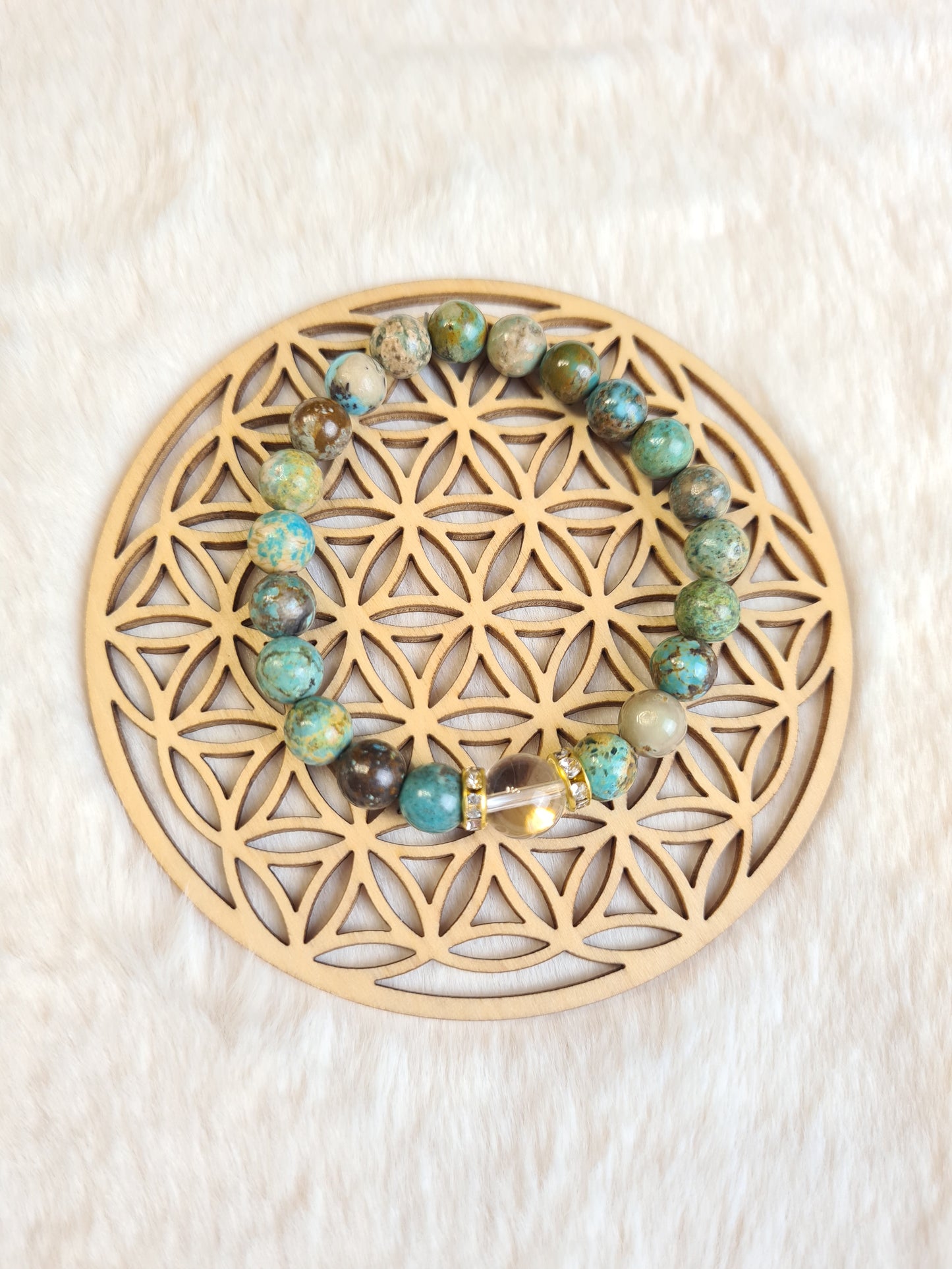 Bracelet "Energie Positive" en Turquoise du Tibet 8mm et Cristal de Roche 10mm.