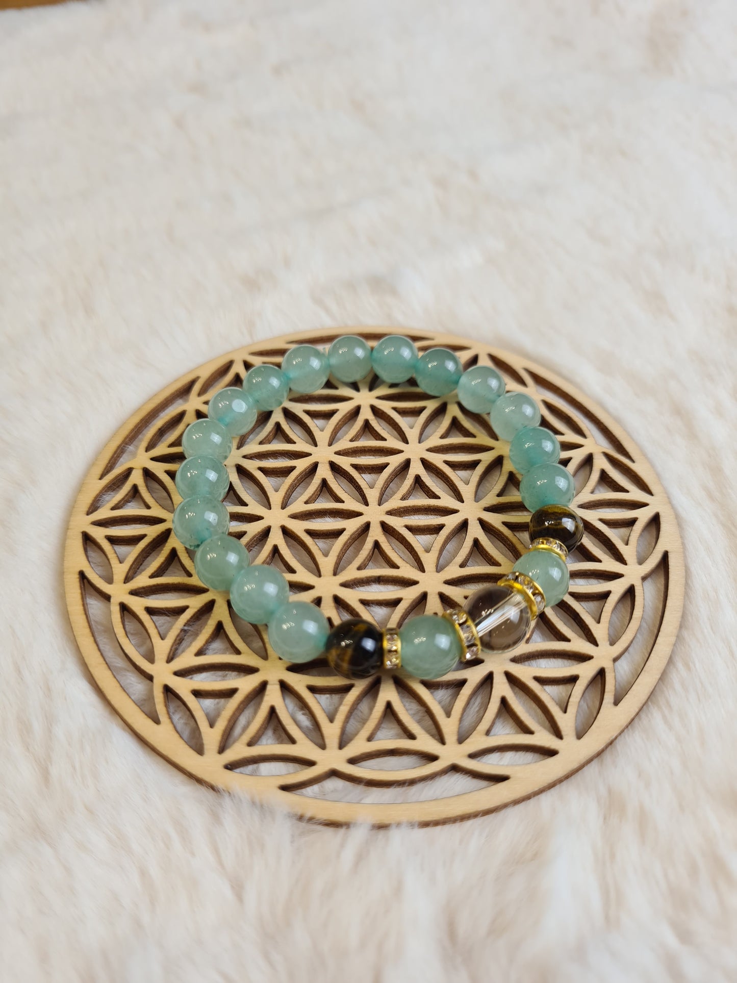 Bracelet "Abondance Confiante" en Aventurine Verte 8mm, Œil de Tigre 8mm et Cristal de Roche 10mm.