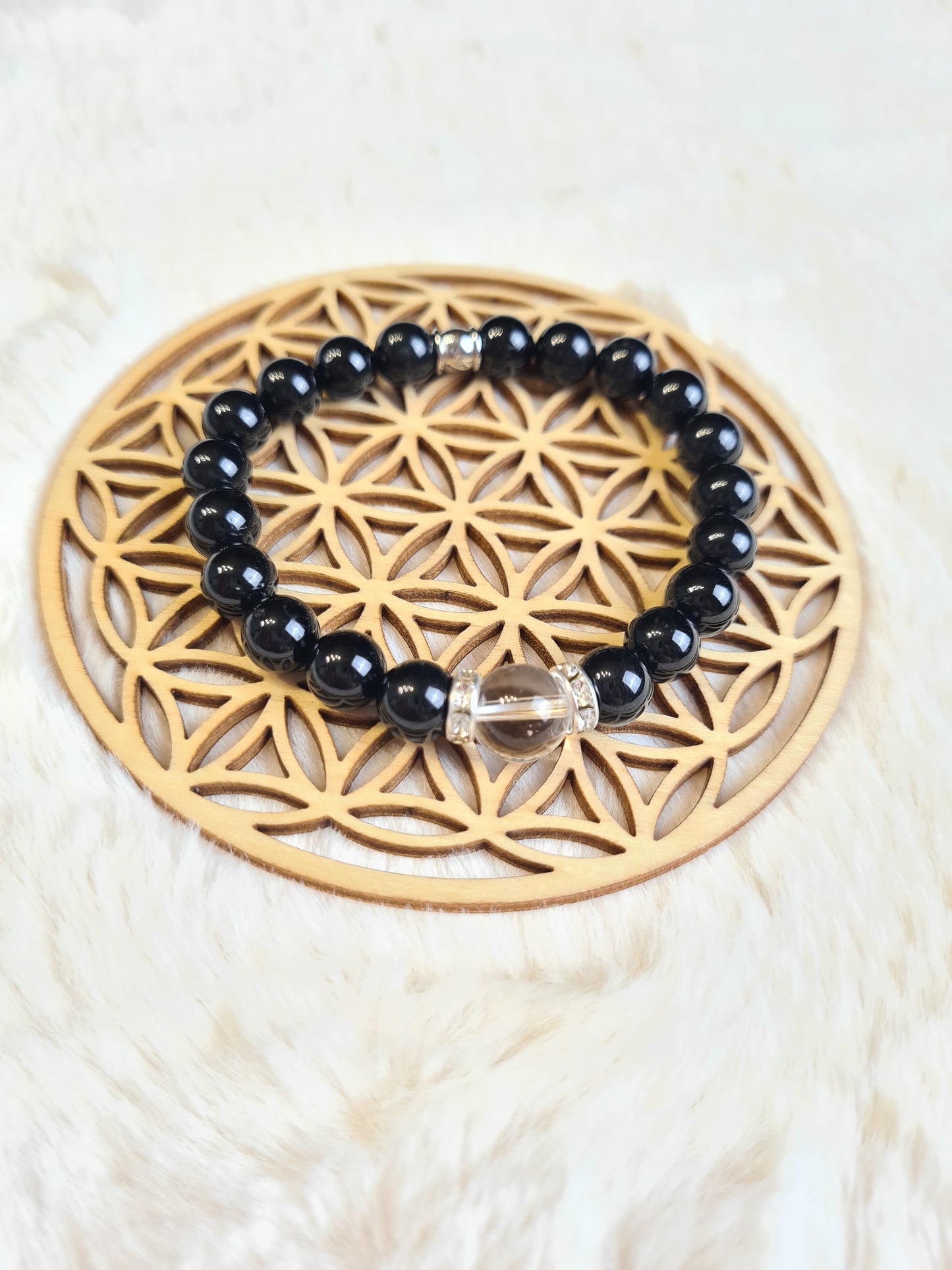 Bracelet "Absorption" en Tourmaline Noire 8 mm et Cristal de Roche 10 mm.