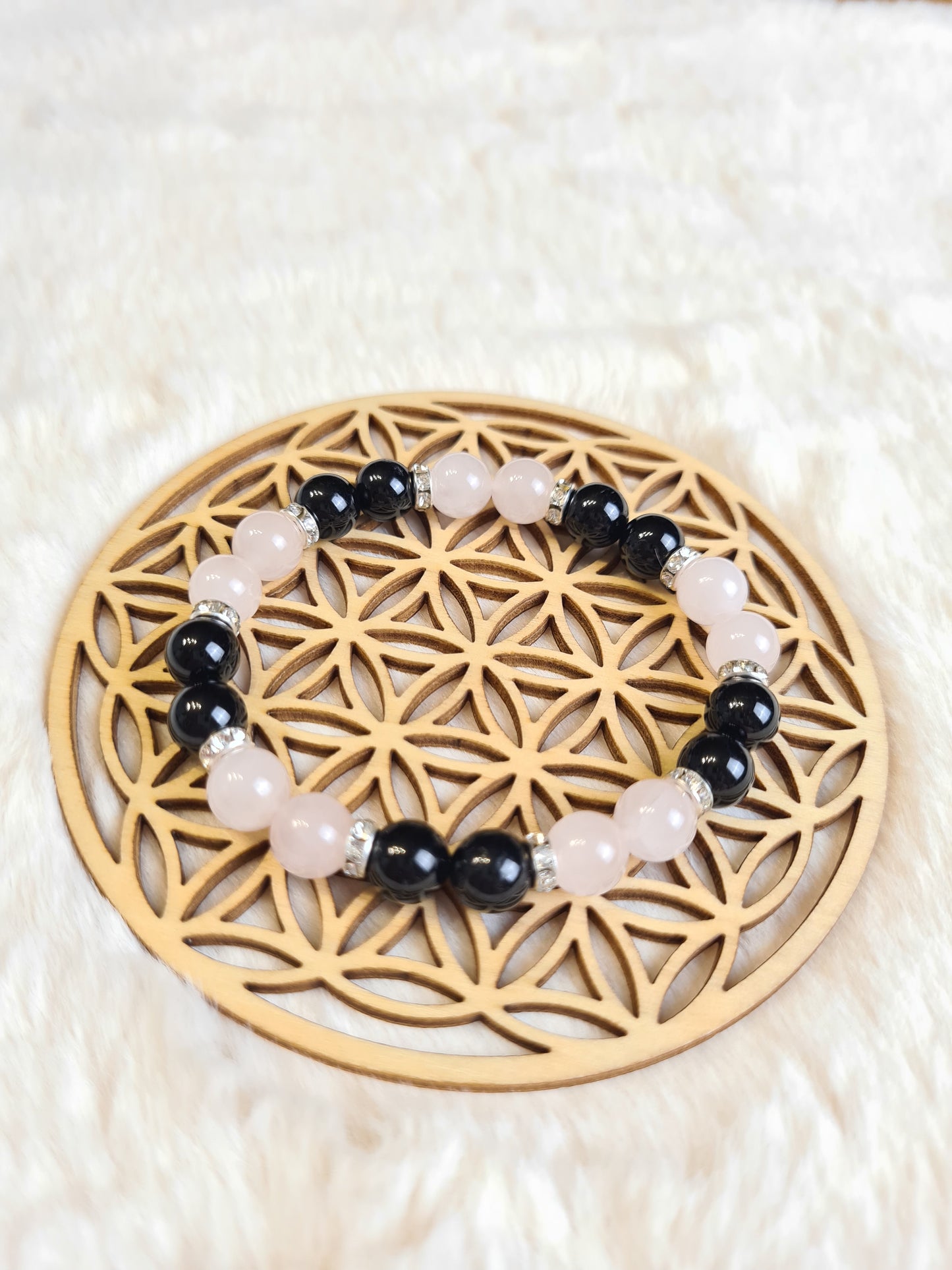 Bracelet "Amour et Pensées Positives" en Quartz Rose et Tourmaline Noire 8 mm.