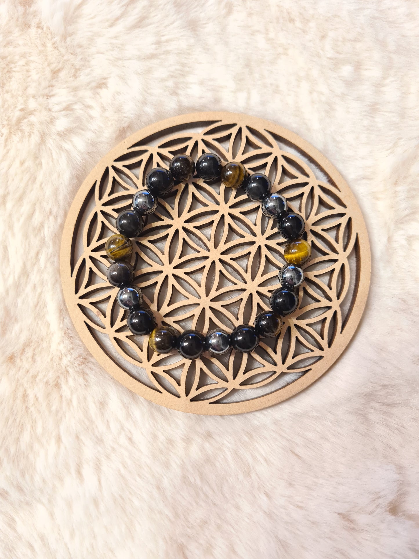 Bracelet "Triple Protection" en Œil de tigre, Hématite et Obsidienne Œil Céleste 8 mm.