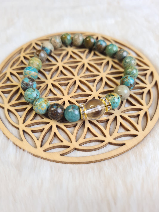Bracelet "Energie Positive" en Turquoise du Tibet 8mm et Cristal de Roche 10mm.