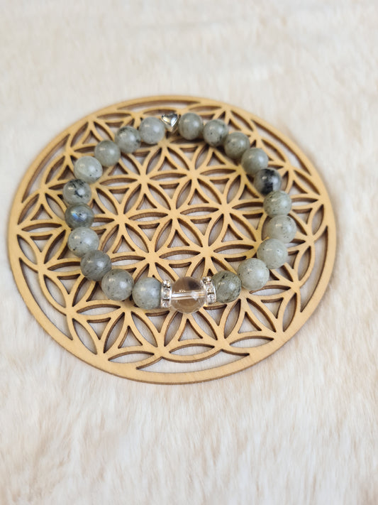 Bracelet "Protection" en Labradorite grise 8 mm et Cristal de Roche 10 mm.