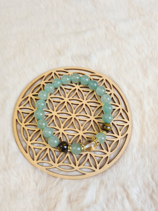 Bracelet "Abondance Confiante" en Aventurine Verte 8mm, Œil de Tigre 8mm et Cristal de Roche 10mm.