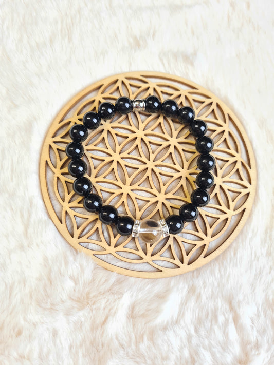Bracelet "Absorption" en Tourmaline Noire 8 mm et Cristal de Roche 10 mm.