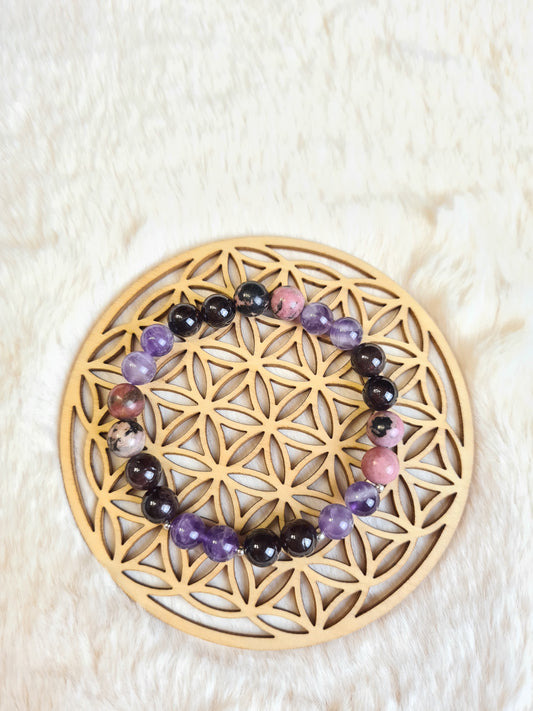 Bracelet "Force Mentale" en Rhodonite, Grenat et Améthyste 8mm.