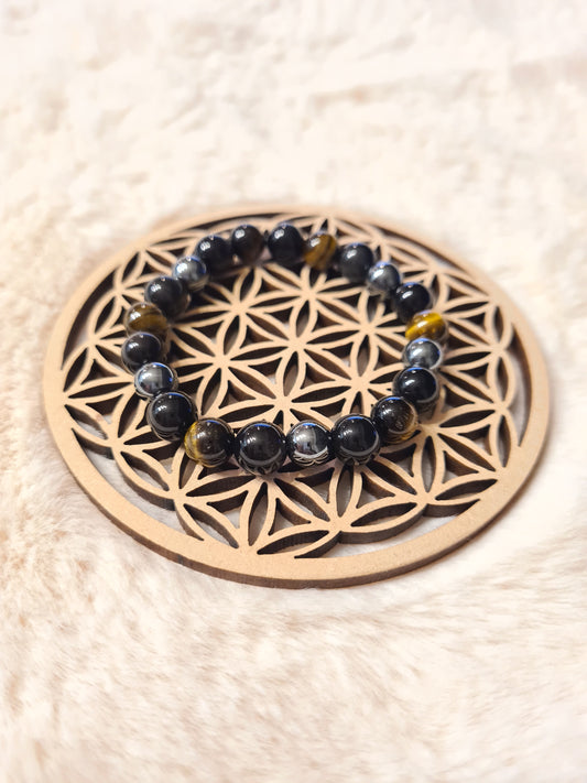 Bracelet "Triple Protection" en Œil de tigre, Hématite et Obsidienne Œil Céleste 8 mm.